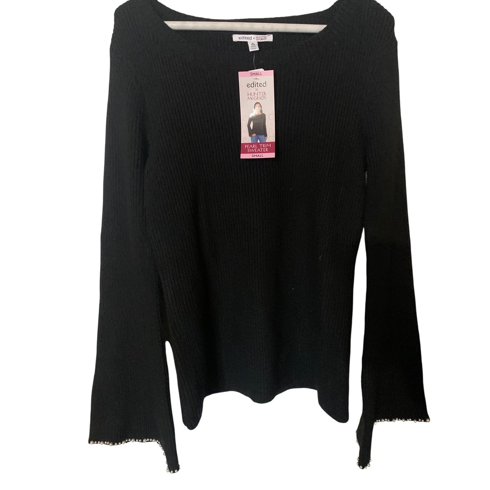 Edited x Hunter McGrady Black Pearl Trim Ribbed Bell Sleeve Sweater Small NWT